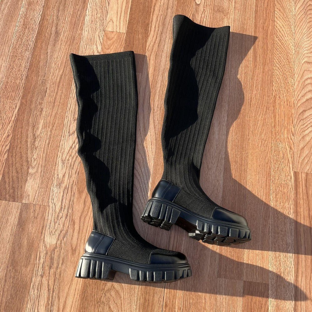 Black Ribbed Knee-High Boots